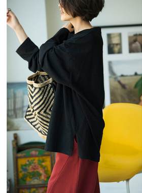 T17830 文艺休闲百搭纯棉破洞宽松打底外穿长袖T恤女25秋米兰宣言