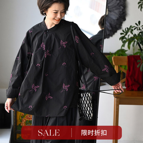 刺绣侧扣国风宽松立领中长衬衫女
