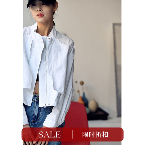 拼接设计感宽松立领短款风衣外套