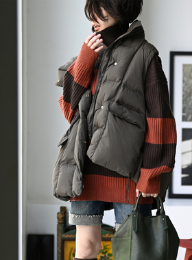 包邮V85893 文艺休闲多色百搭宽松抽绳拉链立领双兜棉马甲女秋冬