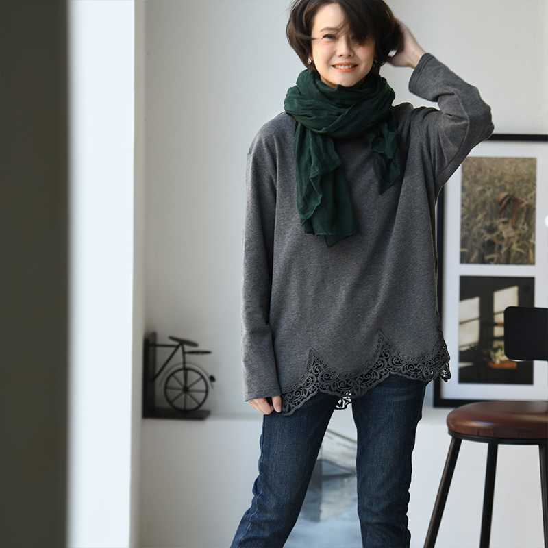 长袖宽松微弹蕾丝花边打底T恤女