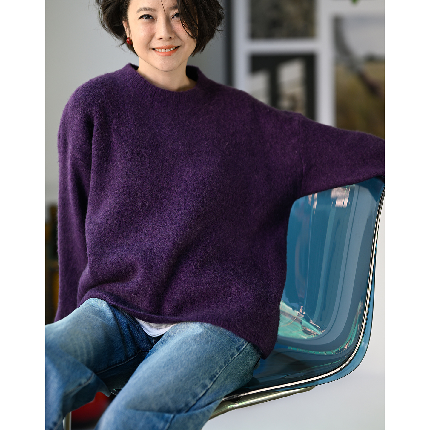 圆领套头打底拉毛加厚花线毛衣女