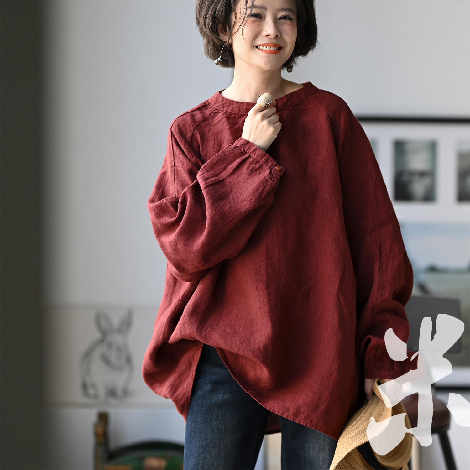 包邮C91990 文艺复古圆领小扣宽松大版套头亚麻衬衫女2026秋