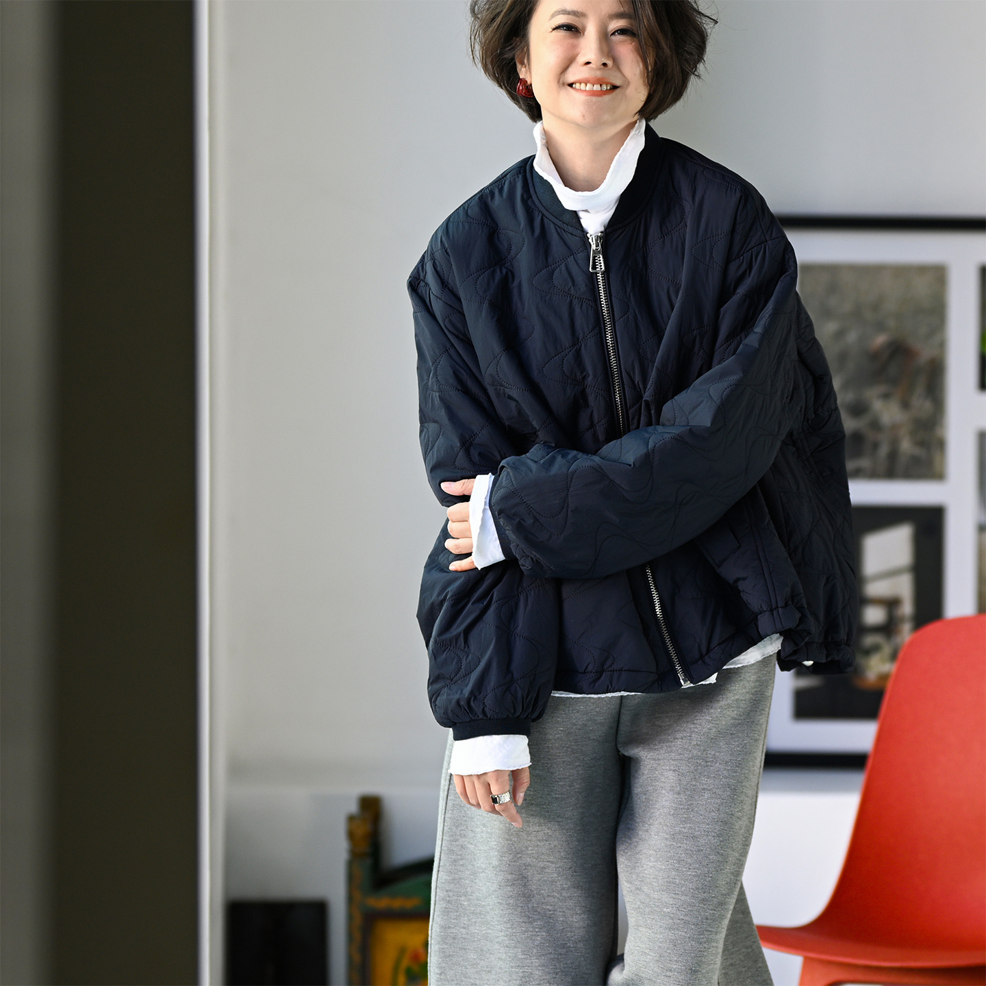 立领拉链波浪绗缝A摆抽绳棉服女