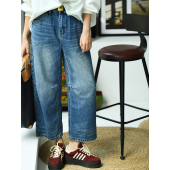 文艺休闲洋气磨色捏褶高腰宽松直筒九分牛仔裤 N67081 女26春 包邮