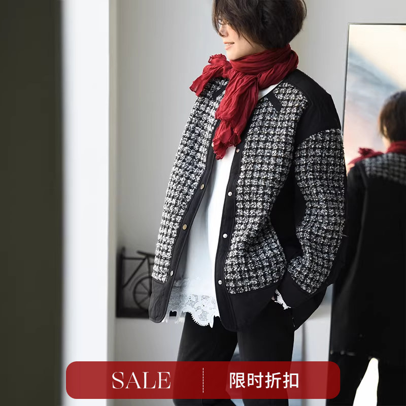 特●F77380 休闲中长款圆领小香风拼接毛呢格子棉服女冬米兰宣言