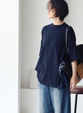 包邮T6062C 文艺休闲柔软舒适磨毛棉宽松厚款小圆领短袖T恤女