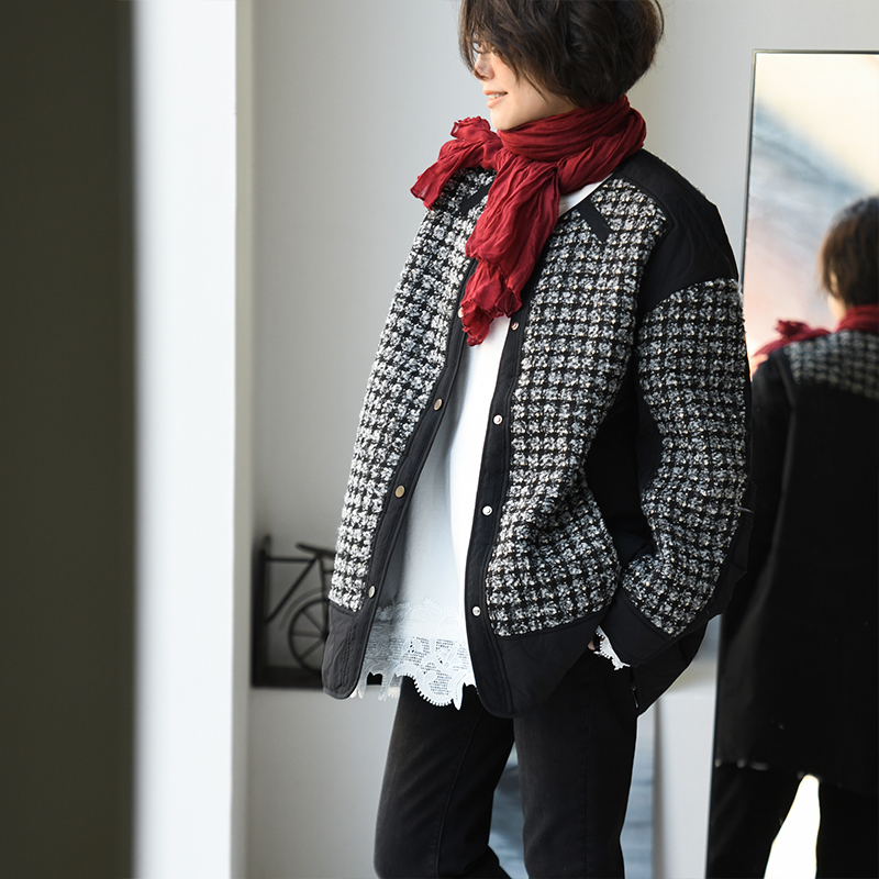 小香风拼接毛呢格子棉服经典