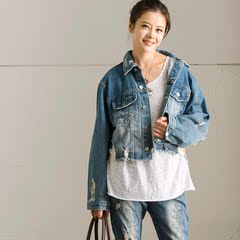 新品包邮 W062B韩版方领水洗磨白长袖毛边破洞牛仔短外套女