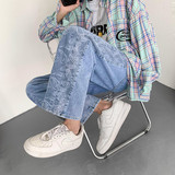 @港风2025年腰果花拼接牛仔裤男松紧腰宽松九分直筒裤NZ225-P45，男装牛仔裤，星座223（原229-2）