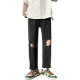 @港风夏季膝盖破洞牛仔裤男潮牌街头直筒裤NZ256-P40，男装牛仔裤，星座223（原229-2）