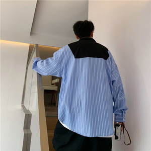 @港风  条纹拼接衬衫男立领长袖衬衣春季新款CS107-P40图片