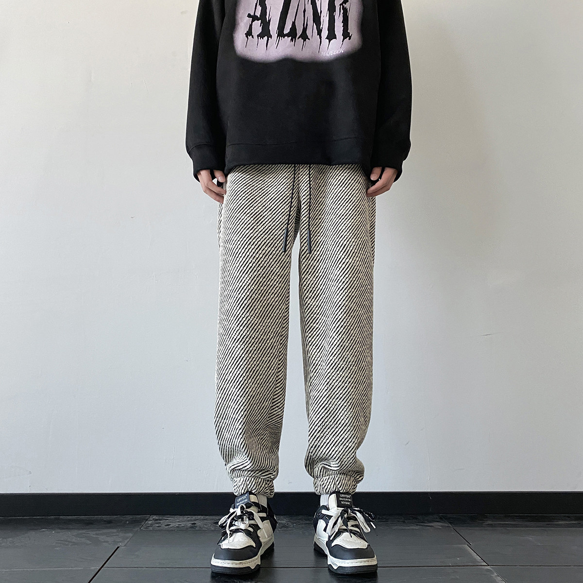 M-5XL大码春季新款黑白条纹宽松休闲裤直筒裤束脚卫裤K05-P65,男装休闲裤,星座223（原229-2）