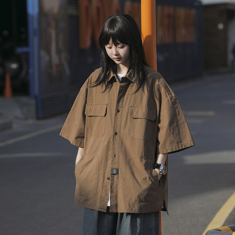 中性风工装休闲五分袖衬衫男女夏季ins衬衣外套 CS206-P40图片