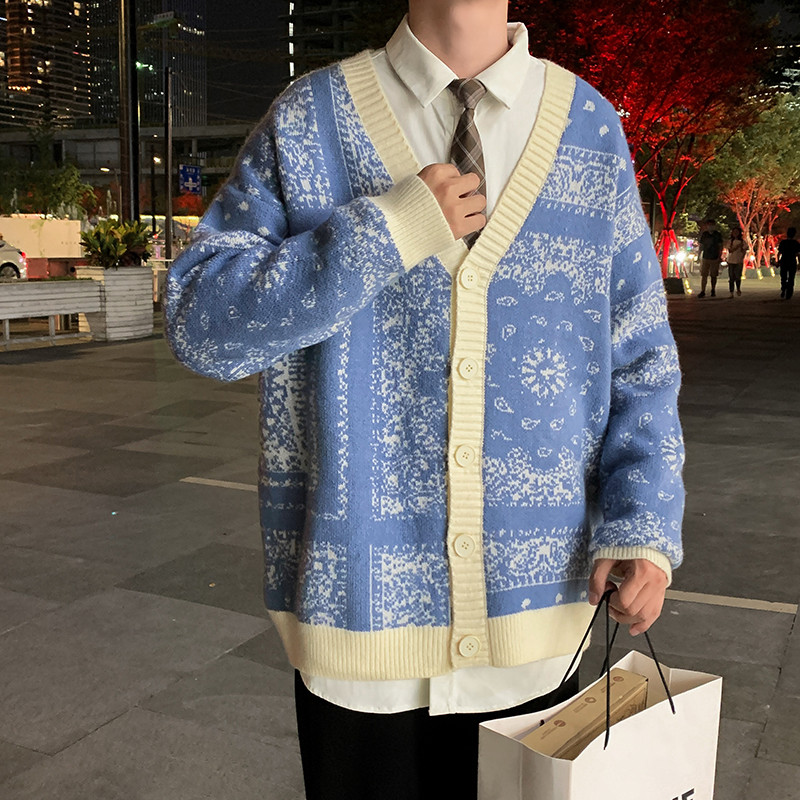 @港风男针织开衫秋冬V领毛衣腰果印花单排扣宽松21M59-P50,男装针织衫/毛衣,星座223（原229-2）