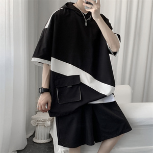 冰丝拼色连帽短袖短裤套装男女夏季TZ2221/P55