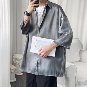 夏季冰丝炫彩渐变七分袖衬衫男大码C2219/P45,儿童怎么样穿搭衣服图片