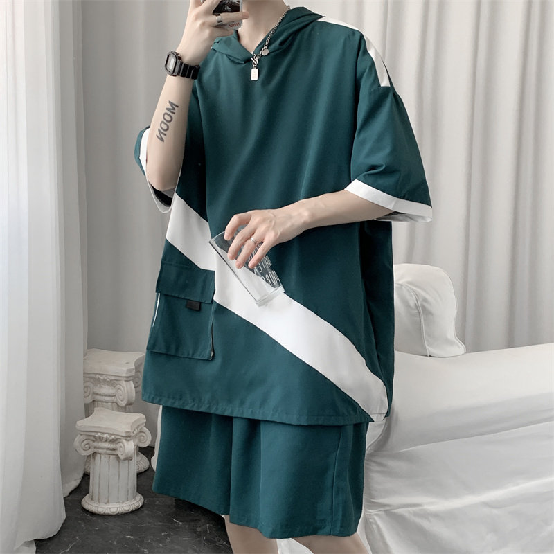 冰丝拼色连帽短袖短裤套装男女夏季两件套TZ2221/P55,男装休闲套装,星座223（原229-2）