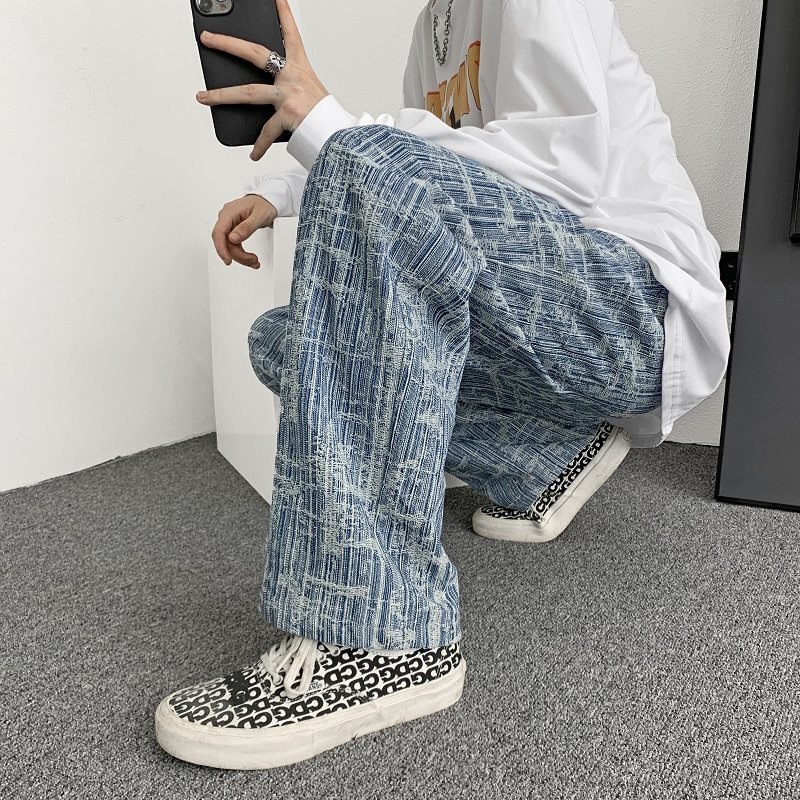 @港风复古条纹雪花阔腿牛仔裤男潮牌宽松大码拖地长裤NZ6007-P48，男装牛仔裤，星座223（原229-2）