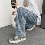 @港风复古条纹雪花阔腿牛仔裤男潮牌宽松大码拖地长裤NZ6007-P48，男装牛仔裤，星座223（原229-2）