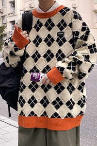 @港风  男套头宽松毛衣秋冬菱形格子撞色针织衫毛边  21M85--P58图片