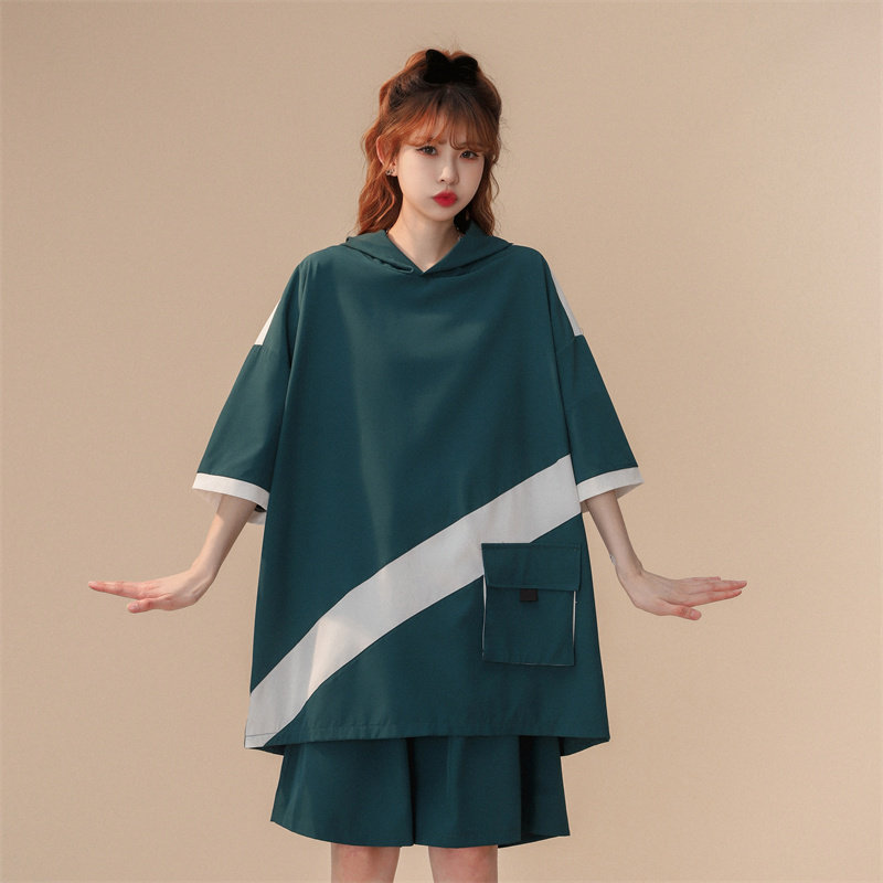 冰丝拼色连帽短袖短裤套装男女夏季两件套TZ2221/P55，女装套装/套裙，星座223（原229-2）