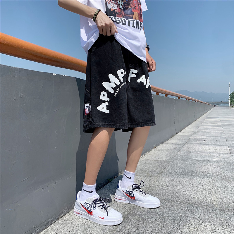 @港风夏季字母印花牛仔短裤男宽松阔腿五分裤DK067-P40,男装牛仔裤,星座223（原229-2）