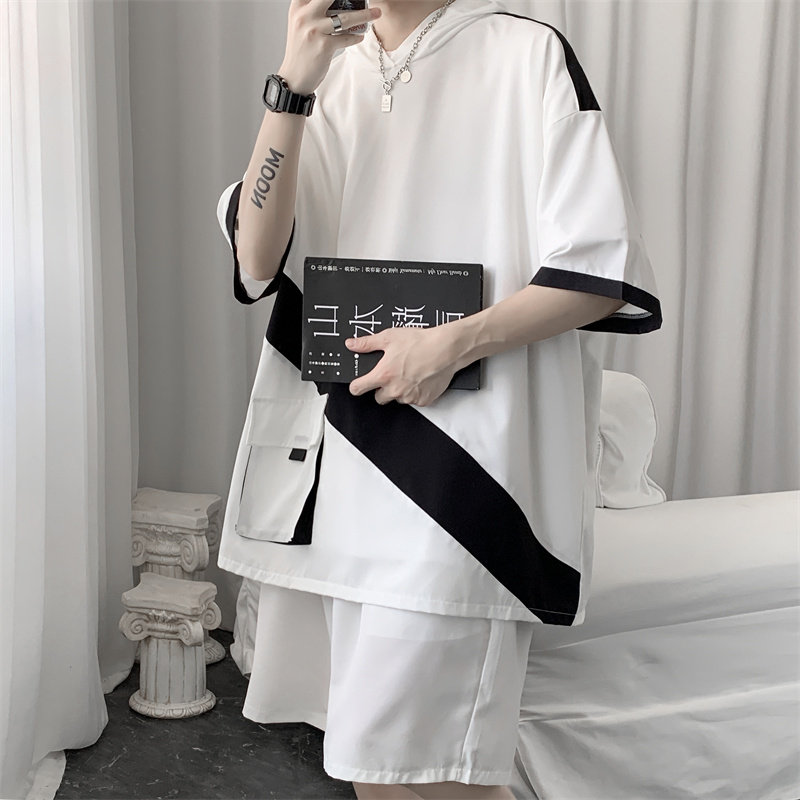 现货冰丝拼色连帽短袖短裤套装男女夏季两件套TZ2221/P55,男装休闲套装,星座223（原229-2）
