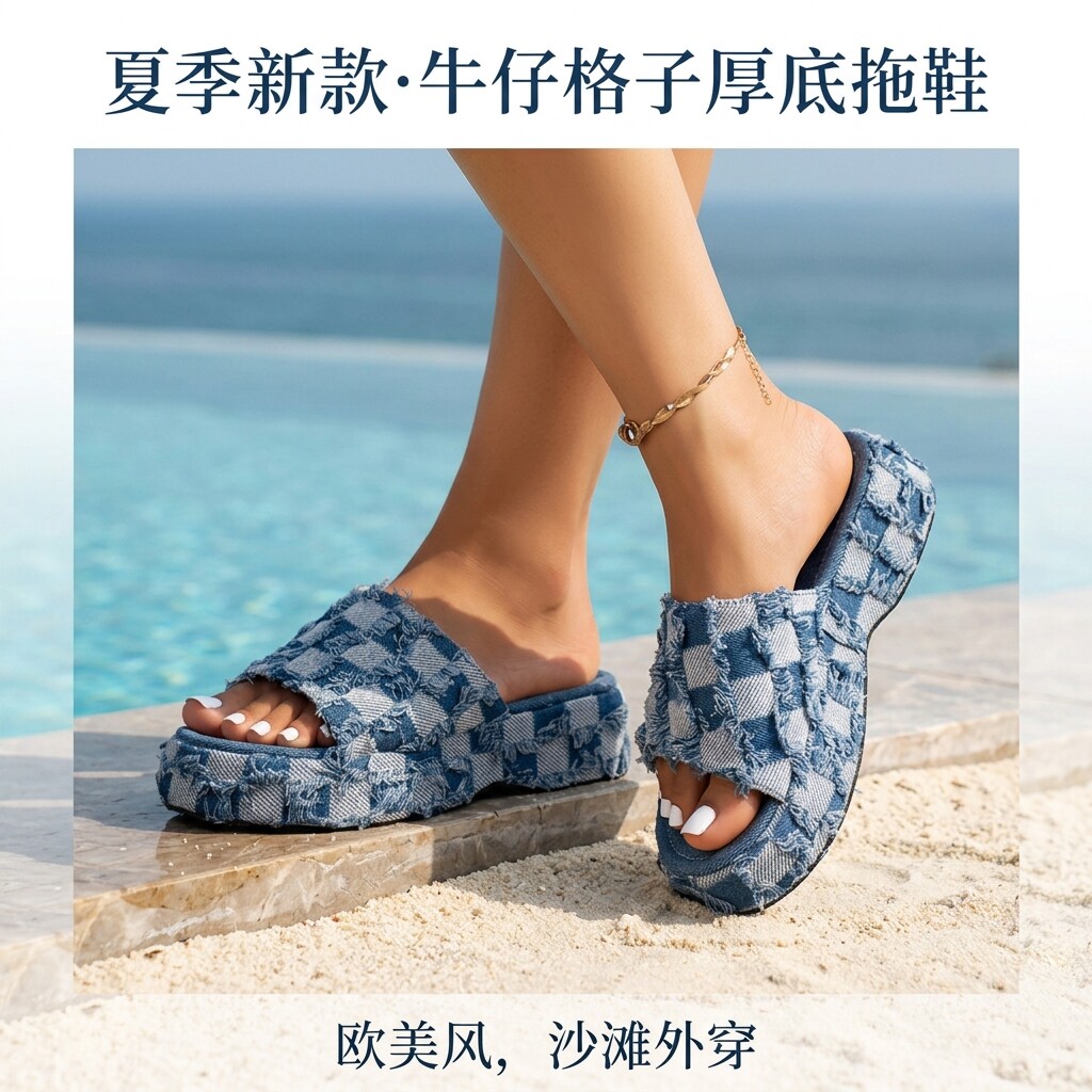 欧美夏季坡跟厚底牛仔沙滩凉拖
