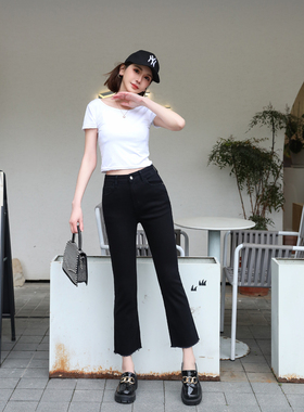 九分裤微喇叭裤mini brand春夏梨形高腰修身休闲显瘦黑色牛仔裤女