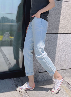 宽松牛仔裤女mini brand新款浅色高腰显瘦哈伦裤垮裤直筒裤九分裤