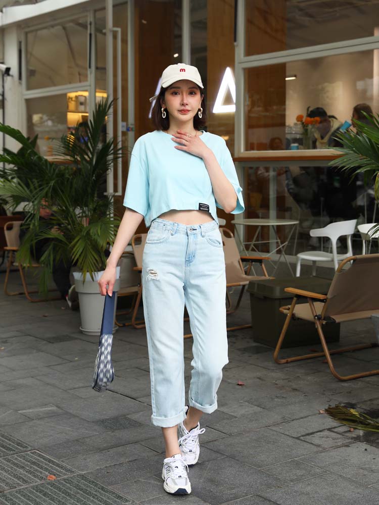 春夏薄款minibrand牛仔裤女浅色全棉微宽松高腰显瘦破洞九分直筒