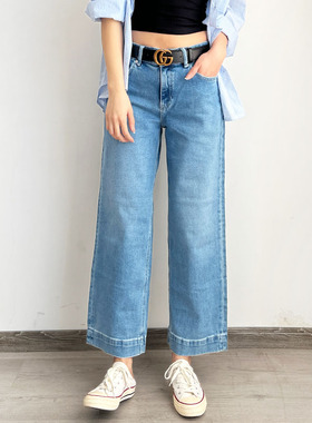 mini brand浅蓝色牛仔裤女秋季新款高腰宽松休闲阔腿裤九分直筒裤