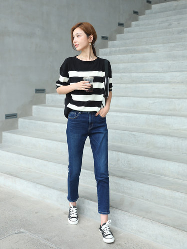 高腰显瘦深蓝色牛仔裤百搭直筒裤