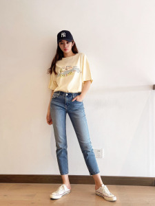 mini brand牛仔裤女薄2023夏季新款超软面料松紧腰八分显瘦小直筒