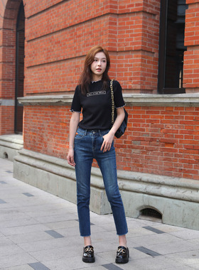 高腰深蓝色牛仔裤女mini brand新款显瘦小直筒烟管裤窄脚裤九分裤