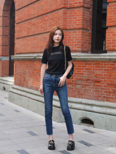 女mini 九分裤 brand新款 窄脚裤 显瘦小直筒烟管裤 高腰深蓝色牛仔裤