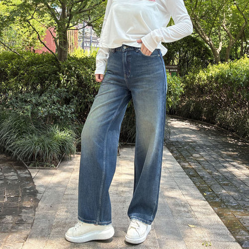 复古水洗蓝色弯刀裤 minibrand2026秋季新款高腰直筒阔腿牛仔裤女