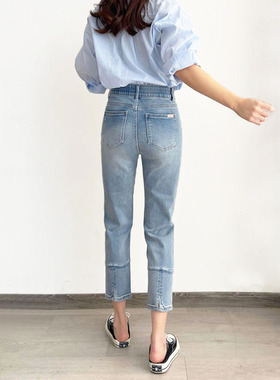 早春新品浅蓝色牛仔裤女 minibrand高腰显瘦弹力后开叉九分直筒裤