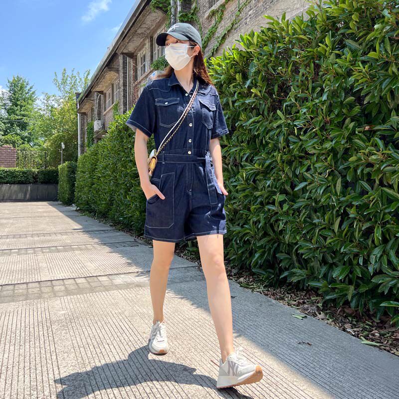 mini brand夏季新款收腰短袖工装连体裤女宽松显瘦直筒薄短裤