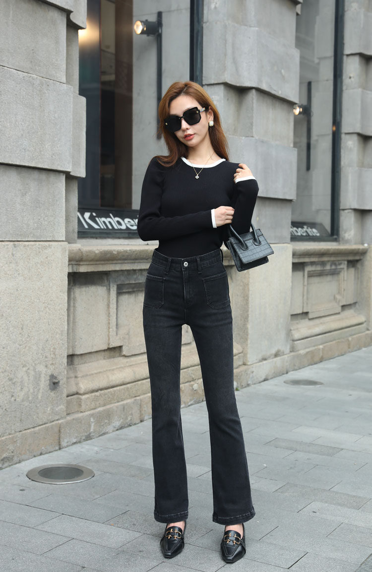 磨毛绒黑灰色喇叭裤Mini Brand秋冬款高腰收腹显瘦时尚百搭牛仔裤