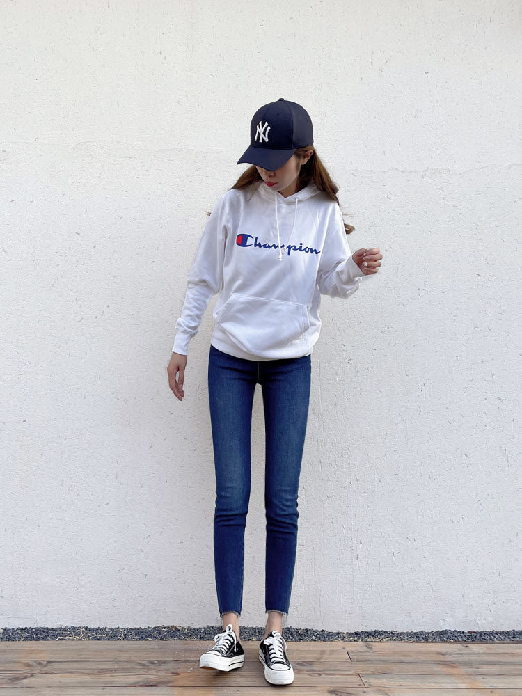 牛仔裤女mini brand秋冬季新款怀旧色水洗蓝色松紧高腰显瘦小脚裤