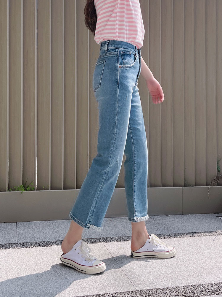 韩新款高腰牛仔裤minibrand春款蓝色抓痕小破洞直筒喇叭裤九分裤