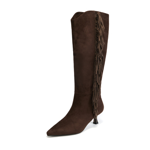 羊反绒流苏长筒靴女FLX022 米儿甄选