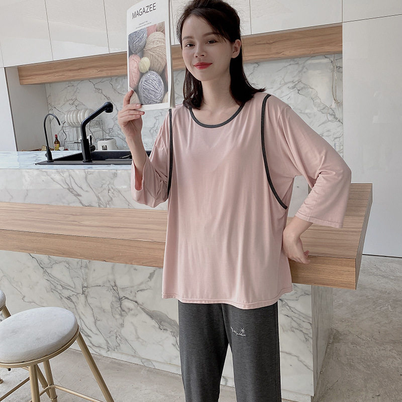 수유복 봄 가을 순면 산후 임산부 잠옷 여름용 얇은 임신 수유복 가정복 세트