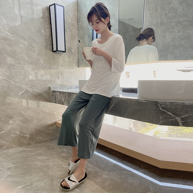 출산 정장 여름 순수 코튼 모달 반팔 자른 바지 정장 잠옷 잠옷 여름 통기성 가정 의류