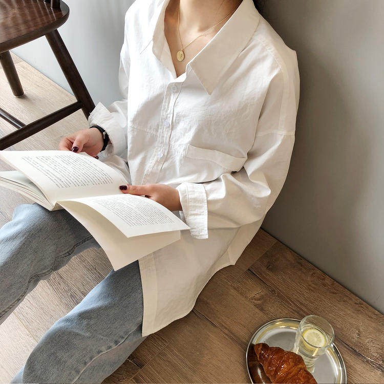 서양식 임부복 셔츠 긴팔 봄 가을 옷깃 중간 길이 작업복 흰색 셔츠 전문가용 상의 복고풍 셔츠 트렌디한 엄마
