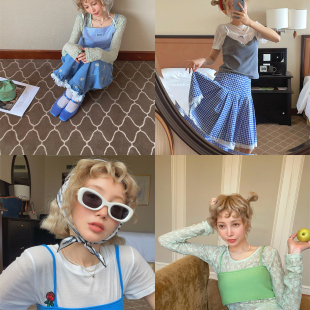 穿搭格子绿色蓝色背心「4色」 夏季 milktina定制 梵高麦田诗吊带