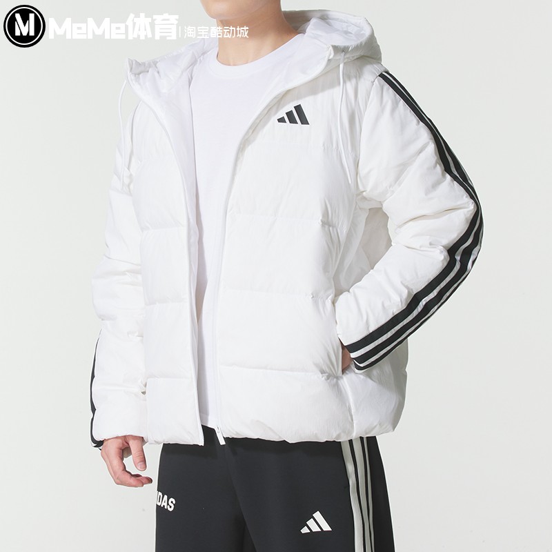 阿迪达斯羽绒服男装2025冬季新款经典条纹运动保暖夹克外套KH3988