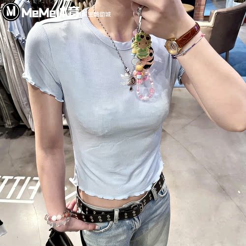 阿迪达斯三叶草女装2026夏新品海盐蓝清新甜美修身短袖T恤 KE1108